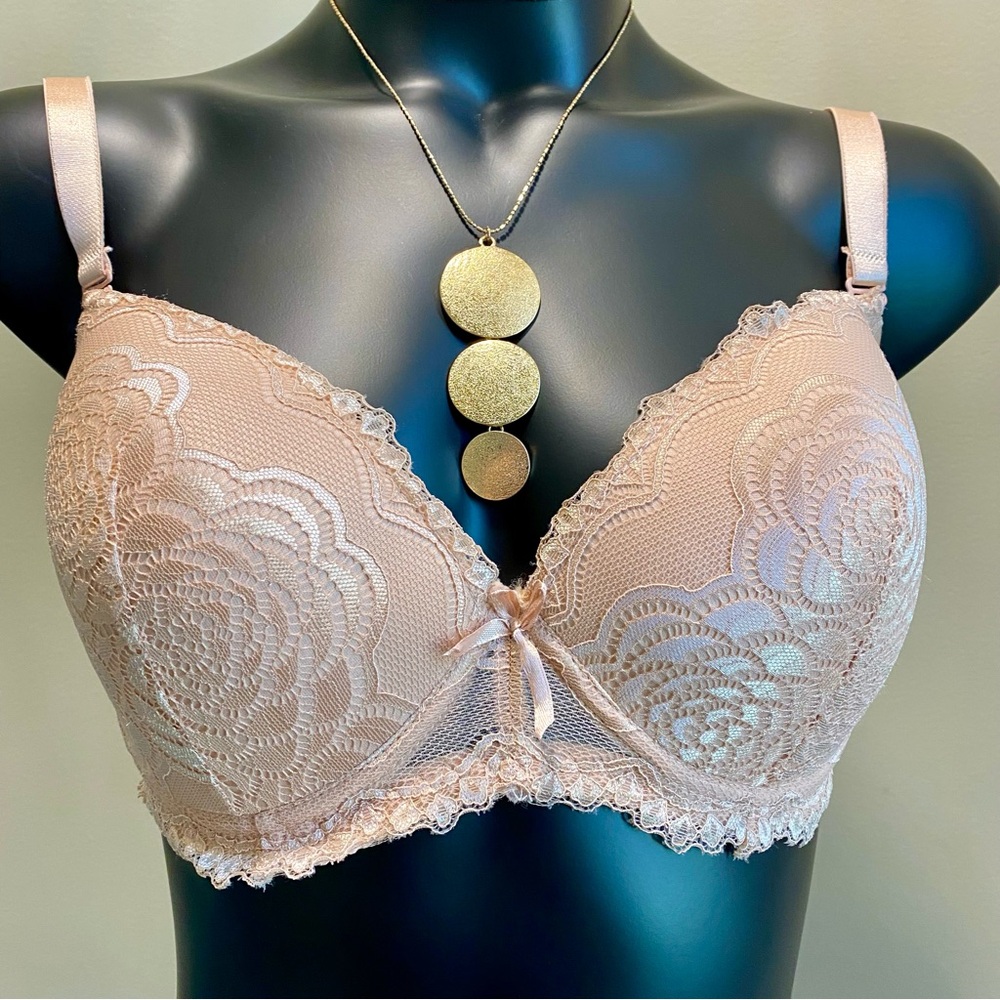 Blush Lace Underwire Bra 36DD – Floral Overlay Lightly Padded Nude Pink